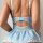 Back view of pure allure sheer lace lingerie set in light blue, featuring delicate floral patterns and adjustable straps.