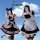 Two models wearing cat-themed maid costumes with ruffled skirts and bows, perfect for cosplay events.