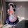 A person wearing a cute cat-themed maid costume, featuring a pink apron with paw prints, ruffled sleeves, and a layered skirt...
