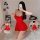 A woman poses in a red cami dress with a backless design, showcasing its sheer lace details. the dress features a scoop neckl...