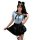A woman models a navy sailor collar outfit with a cute black skirt, perfect for a school uniform look.