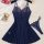 Navy blue lace sleep dress with sheer mesh, floral detailing, and matching thong. perfect for romantic evenings.