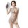 Woman in sheer lace cheongsam lingerie with halter neck, holding decorative fan.