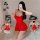 Woman kneeling on white rug wearing red backless babydoll nightgown, holding phone to face; inset views show front and back o...