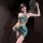 A woman poses elegantly in a green exotic strapless lingerie set, featuring a sheer mesh bra with floral embroidery and match...