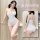 Woman modeling white floral v-neck bodysuit with adjustable straps, front and back views shown.