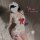 Woman in white lace maid-inspired lingerie set with red bow details, featuring a cute and alluring design for plus size comfo...