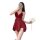 Woman in red butterfly lace sleep dress holding white flowers, showcasing sexy satin slip nightgown for women.