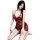 Woman wearing red lace sleep dress, sheer lingerie with floral pattern and bow detail.
