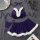 Purple velvet bunny lingerie set with white fur trim, halter top and skirt, styled on gray fabric with pearls and flowers.