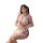A woman poses in a playful bunny girl costume, featuring a sheer mesh bodice with lace details and pink ribbon accents, perfe...