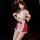 A woman poses wearing a festive christmas maid outfit, featuring a strapless top with red bows and a matching skirt with a sw...