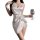Woman in white satin pure & playful lace chemise nightgown holding wine glass, adjustable straps, seductive sleepwear.