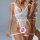 Woman modeling white lace lingerie set with garter straps, featuring a strapless bra and matching panty for a sexy nightclub ...