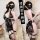 Model wearing black lace lingerie set with sheer robe and garter stockings, vintage-inspired design for playful elegance.