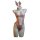 Pink leopard print bunny lingerie set with ears, choker, and fishnets on mannequin.