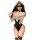Woman wearing black and white maid lingerie set with lace details, blindfold, and thigh-high stockings.