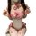 Woman wearing white and pink pure & playful lingerie set with bows, modest yet sexy cosplay sleepwear outfit.
