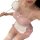 Woman in pink lingerie set with white apron, holding a feather duster.