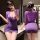 Woman in purple lace lingerie set with deep v-neck and fitted skirt, front and back view.