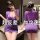 Woman modeling purple lace lingerie set with deep v-neck and fitted skirt, showcasing front and back views of the seductive s...