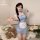 A woman poses in a light blue sheer sleepwear set, featuring a maid apron design. the outfit includes delicate lace details a...