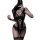 Woman wearing black lace lingerie set with bondage-inspired details, featuring easy-on design and seductive sleepwear style.