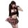 Woman modeling pure & playful lingerie set: red plaid pleated mini skirt, matching top with bow, fingerless gloves — sexy sch...