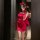 Sexy sheer red dress with bunny ears, perfect for festive sleepwear or playful costumes.