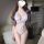 Woman wearing white sheer bodysuit lingerie with cutout waistband, elegant sensual sleepwear for women.