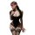 Woman wearing black sheer lingerie set with red blindfold, featuring flirty bikini-style top and matching garter stockings.
