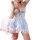 Woman in blue and white pure & playful lingerie sleep dress, holding pink phone, showcasing sexy cute mini nightgown.