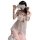 A woman poses playfully with a sheer sleep dress featuring ruffles and a bow, perfect for flirty bedroom wear.