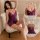 Woman in purple lace lingerie sleep dress with close-ups of adjustable straps and back tie details.