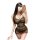 Woman wearing sheer black bodycon lingerie set with gold glitter accents, holding phone for selfie. pure & playful lingerie s...