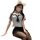 Woman in playful lingerie set with sheer black stockings, white top, navy bow, and fluffy ears—qqny style bedroom wear.