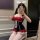 Woman in red and black sheer bodysuit with cat ears, posing playfully. pure & playful sheer lingerie bodysuit for women – cut...