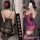 Woman modeling sheer lace babydoll nightgown with adjustable straps, shown in black and purple, elegant and seductive design.
