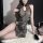 Sheer ink-wash qipao lingerie set with high slit, floral print, adjustable ties, and elegant halter neckline.