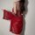 A woman models a red sheer mesh sleep dress featuring intricate embroidery, inspired by traditional chinese designs, perfect ...