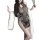 Sheer black ink-wash qipao lingerie with floral print, high slit, adjustable ties, and white faux fur stole.