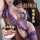 Woman modeling a purple sheer lace halter bodysuit with matching stockings. this sexy lingerie set features an open-cup desig...