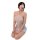 Woman kneeling in white lace bodysuit with matching eye mask, elegant and flirty lingerie set for bedroom wear.