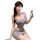 Woman wearing gray lace bodysuit with high-waisted skirt, blindfolded, holding phone — pure & seductive q-qny style set.