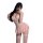 Woman in pink lace corset dress with fishbone detailing, sheer stockings, and garters—perfect for bedroom romance and confide...