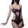 Woman wearing a purple lace lingerie set with sheer panels and intricate floral detailing.