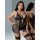 Woman modeling black sheer lace lingerie set with push-up bra and matching garter stockings.