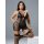 Woman modeling black sheer lace lingerie set with push-up bra and matching garter belt stockings.