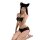 Woman in black lace lingerie set with cat ears, featuring push-up bra and matching panty for small busts.