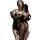 Woman modeling black fishnet lingerie set with sheer bodysuit and stockings for intimate moments.